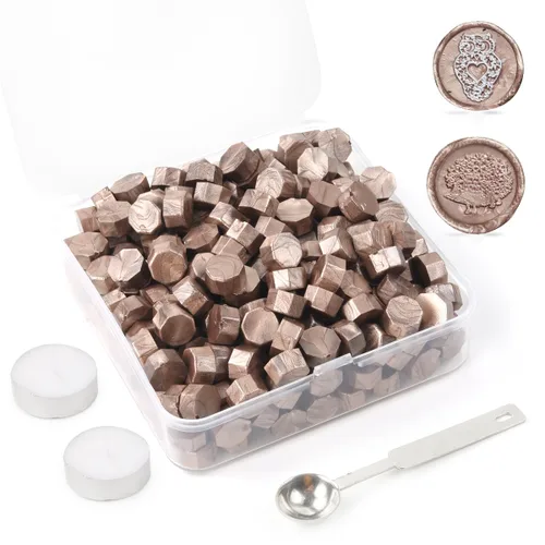 Juego de 300 cuentas de cera de sellado dorado champán para sello de cera con velas y cuchara de fusión, perfecto para tarjetas de Navidad,