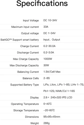 Miniatura 9 de ISDT Q8 MAX Battgo Lipo cargador de batería/descargador, cargador de equilibrio descargador 30A 1000W DC 2-8S pantalla LCD digital inteligente