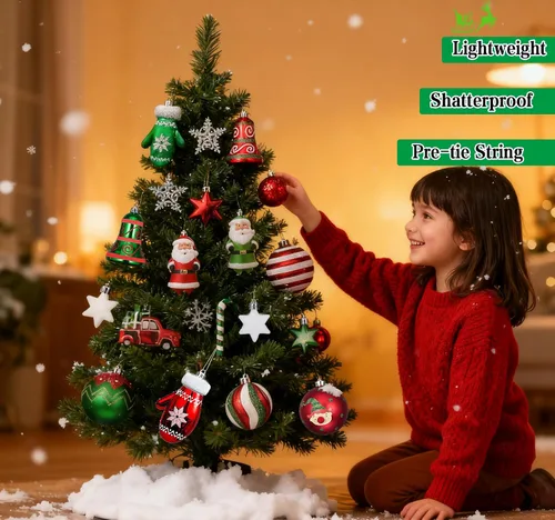 Miniatura 4 de Juego de Adornos de Bolas de Navidad, 64 unidades, Colección Splendor Alegre Rojo Verde Blanco, Adornos Navideños Surtidos Irrompibles para Fiestas