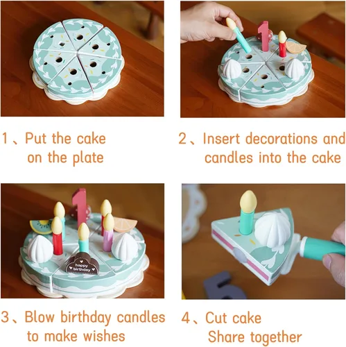 Miniatura 4 de Juego de comida de madera para jugar a pastel de cumpleaños, juego de fiesta de té para niños pequeños, juegos de accesorios de cocina Montessori