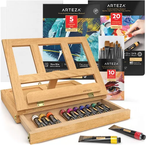 Arteza Juego de arte acrílico, incluye caballete de mesa, 12 tubos de pintura acrílica, papel de paleta, 10 pinceles, almohadillas de lienzo y