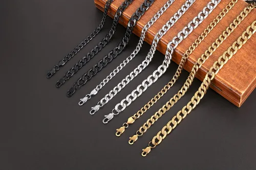 Miniatura 7 de Collar de cadena de eslabones cubanos de acero inoxidable para hombre, chapado en plataoro de 18 quilates, cadenas planas de corte de diamante