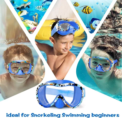 Miniatura 8 de Gafas de natación para niños con cubierta para la nariz, máscara de esnórquel panorámica de 180° con diseño antivaho y antifugas, correa de tela