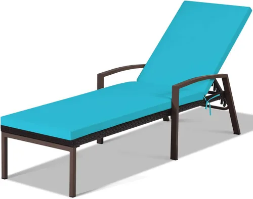 Miniatura 10 de RELAX4LIFE Tumbona para exteriores, silla de piscina de ratán ajustable de 5 posiciones con cojín, silla reclinable, marco de metal, tumbona de Rojo