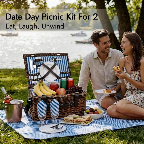 Miniatura 8 de Cesta de picnic para 2 personas – Cestas con enfriador y manta de picnic, cesta de picnic clásica de mimbre con alfombrilla de playa impermeable y a