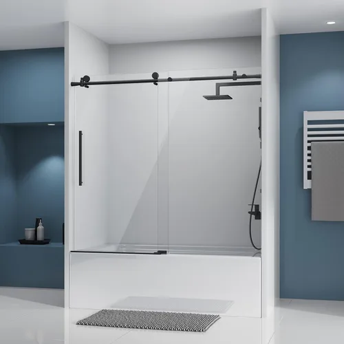 Miniatura 11 de DELAVIN Puerta de regadera sin marco de 56-60 pulgadas, puerta de regadera corredera para baño, vidrio templado transparente de 5/16 pulgadas (8mm)