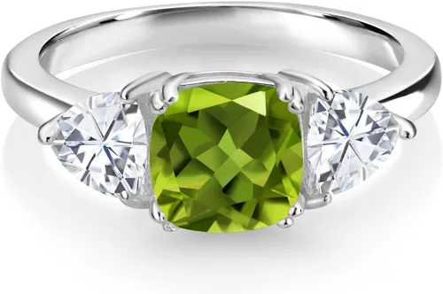 Miniatura 8 de 925 Sterling Silver Gemstone Birthstone and White Moissanite 3-Stone Engagement Ring for Women 7MM Cushion and 5MM Trillion Accents Three Stone