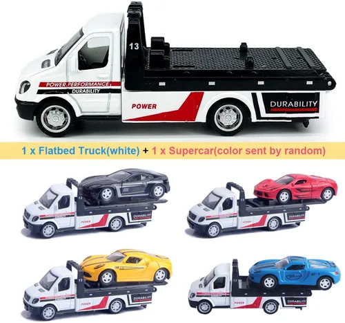 Miniatura 3 de Camión de cama plana, camión de rescate, remolque de transporte, transportador de automóvil, vehículos de metal fundido a presión, juego