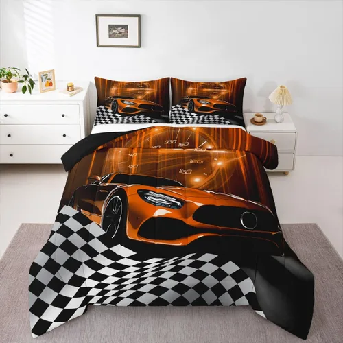Miniatura 10 de Erosebridal Juego de edredón individual de motocicleta de carreras para niños, juego de ropa de cama de panal con luces de neón azules, motocross