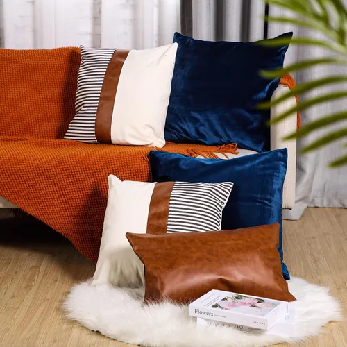 Miniatura 4 de Tradder Juego de 5 fundas de almohada decorativas de 20 x 20 pulgadas, 18 x 18 pulgadas, 12 x 20 pulgadas, modernas, de piel sintética y lino a
