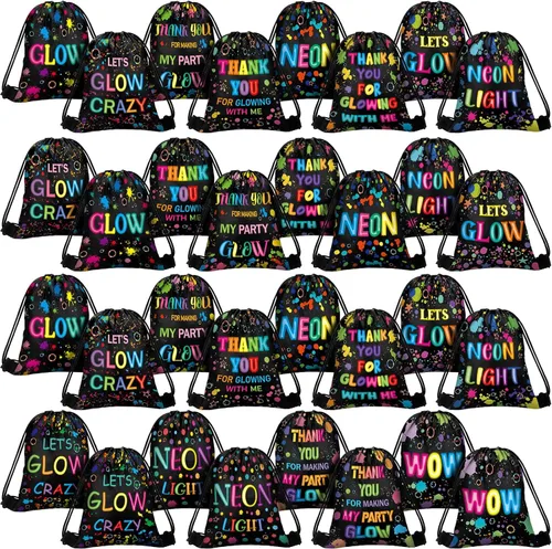 Talltalk Paquete de 32 bolsas con cordón de neón para fiesta, bolsas de neón con luz, bolsa de caramelo de neón para cumpleaños, decoración de
