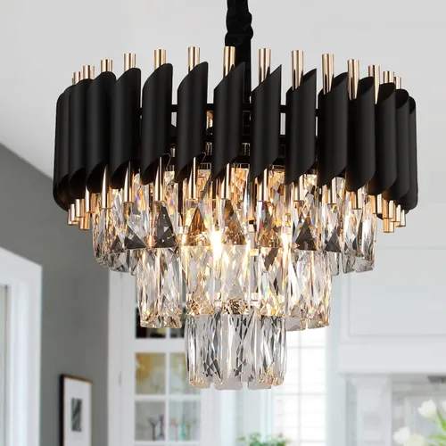 A AXILIXI Candelabros Modernos de Cristal de 3 Niveles Negro y Dorado Luminarias Colgantes 16" Candelabros Redondos de Montaje al Ras Iluminación de