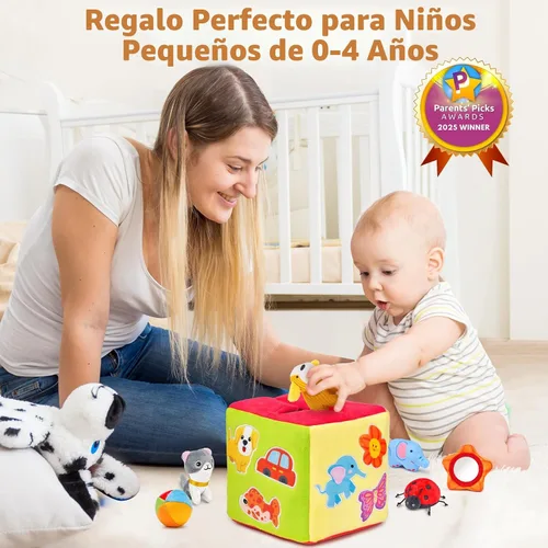 Miniatura 9 de JoyCat Juguetes para bebés de 6 a 12 meses - Caja misteriosa de tela suave con 10 objetos sensoriales, sonajero, papel arrugado, espejo - ¿Qué hay