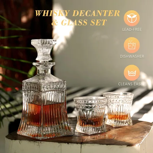Miniatura 2 de BETESINE Juego de decantador de whisky con 6 vasos, 25.4 fl oz, sin plomo, juego de decantador de licor de cristal para bourbon, whisky, whisky