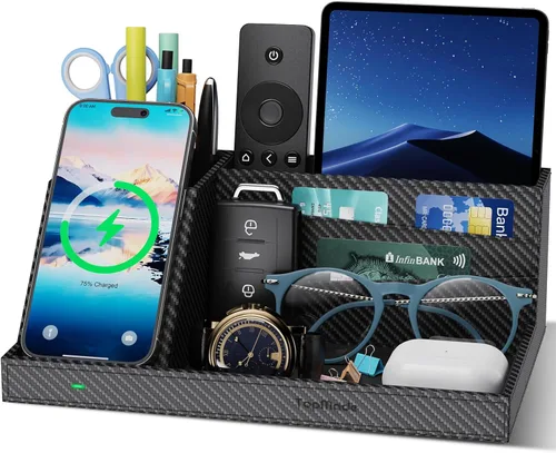 Miniatura 11 de TopMade Organizador de mesita de noche de escritorio con cargador inalámbrico, soporte de cuero para bolígrafos, accesorios de oficina, estación