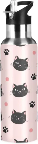 Cute Black Cat Pink Stainless Steel Water Bottle 20 Oz, BPA-Free Sports Water Bottle with Straw Leakproof Water Bottles