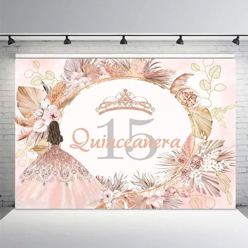Miniatura 10 de MEHOFOND Telón de fondo bohemio floral de quinceañera de cumpleaños 15 para niñas, rosa verde, hierba de las pampas, Mis membrillo Anos, decoración