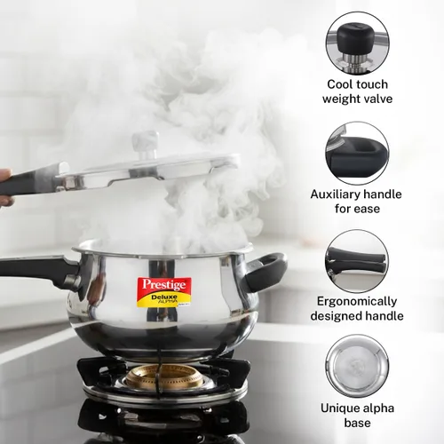 Miniatura 7 de Prestige Deluxe Alpha Svachh - Olla a presión de acero inoxidable con base Alpha y tapa profunda para control de derrames, (4.0 L Junior Handi)
