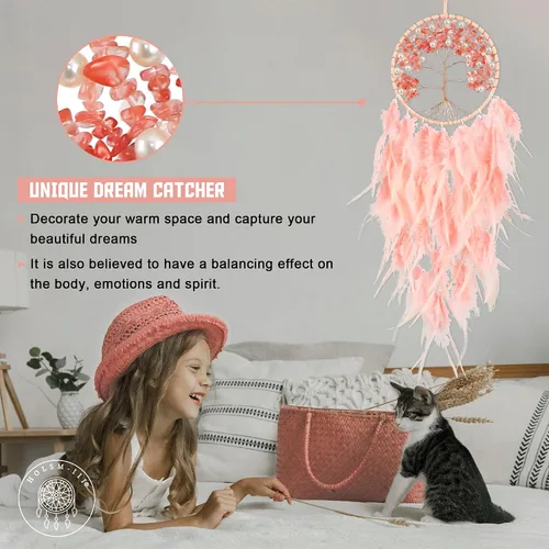 Miniatura 2 de Atrapasueños grandes del árbol de la vida, plumas de gallo rosa con ágata roja, atrapasueños de chakras hecho a mano para dormitorio, un