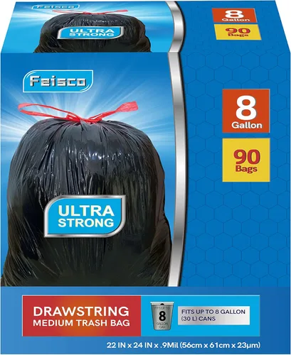 Miniatura 2 de Feisco Bolsa de basura negra de 8 galones, con cordón de 30 litros, 90 unidades, 0.9 mil (8 galones, negro)