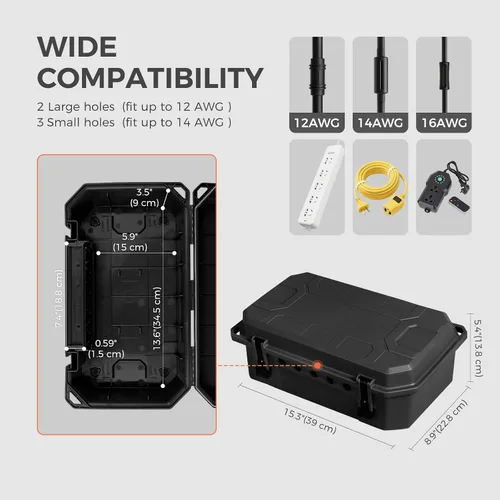 Miniatura 3 de WELKIN Caja Eléctrica Resistente para Exteriores (15.3 * 8.9 * 5.4 pulgadas), Cubierta de Cable de Extensión Impermeable Resistente a la Intemperie
