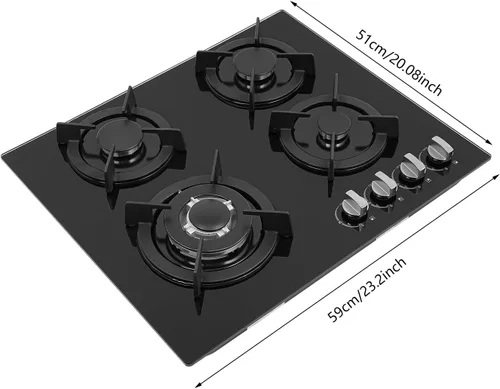 Miniatura 6 de Cocina de gas de 4 quemadores con superficie de vidrio templado para cocina, apartamento o uso comercial, convertible a NG/LPG, 23.23 x 20.08