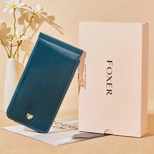 Miniatura 7 de FOXLOVER Portatarjetas de crédito múltiples para mujer, con bloqueo RFID, cartera de cuero para mujer con bolsillo con cremallera, Azul