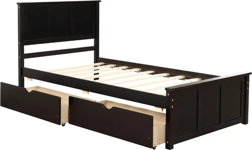Miniatura 5 de P PURLOVE Marco de cama de tamaño individual con dos cajones debajo, marco de cama de plataforma doble de madera con cabecera con soporte de Espresso