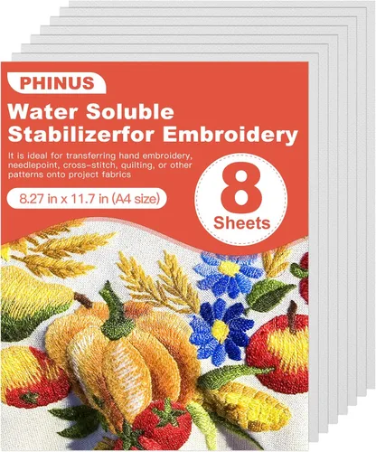 Phinus Estabilizador soluble en agua para bordado 8P, 8.27 x 11.7 pulgadas, estabilizador de bordado de tamaño A4, papel de bordado soluble en agua