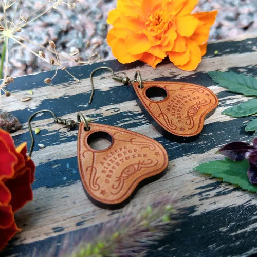 Miniatura 8 de Spirit Board - Aretes colgantes tipo planchette, hipoalergénicos de madera sin níquel, joyería de bruja de invocación de espíritu de mal de ojo
