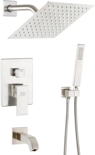 Miniatura 10 de Juego de llave de ducha en negro mate con caño de bañera, sistema de cabezal de ducha de lluvia de 8 pulgadas para baño con llave de mano de una