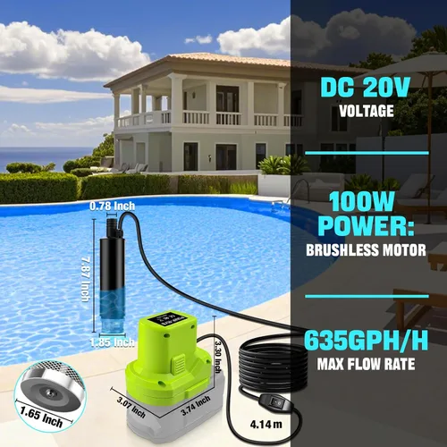 Miniatura 6 de Bomba de transferencia de agua compatible con batería Ryobi de 18 V, 30 L/min, elevación de 15 pies, bomba de agua con potencia máxima de 7 A, bomba