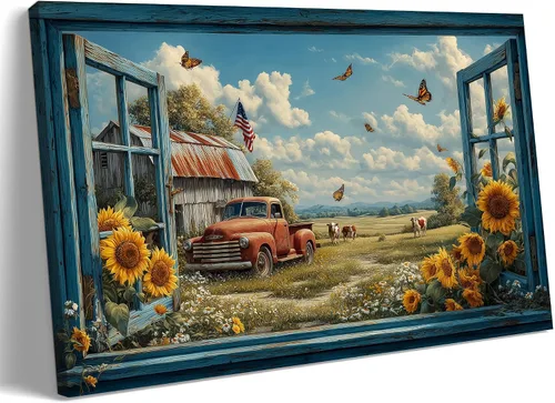 Miniatura 36 de Decoración rústica de granja en lienzo con ventana abierta, impresiones artísticas para pared, pintura de camión viejo, lienzo de granero y bandera