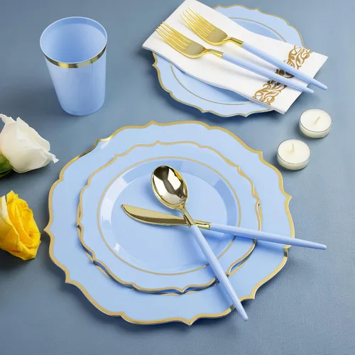 Miniatura 6 de Elegante juego de vajilla desechable azul y dorado para 25 invitados, 175 platos de plástico resistente, tazas y cubiertos dorados para baby