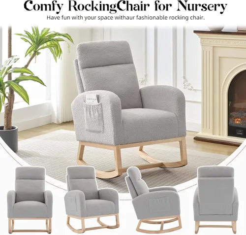 Miniatura 6 de Mecedora para guardería, moderna mecedora tapizada con bolsillo lateral, respaldo alto, asiento acolchado para sala de estar, guardería, dormitorio