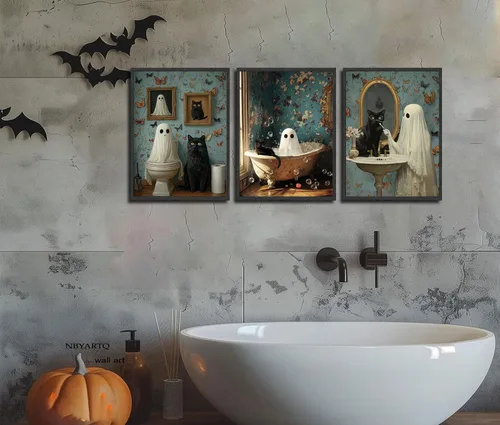 Miniatura 7 de NBYARTQ Pósteres de Fantasmas de Halloween Arte de Pared Juego de 3 Impresiones de Terror Espeluznante Academia Oscura Fantasma y Gato Negro