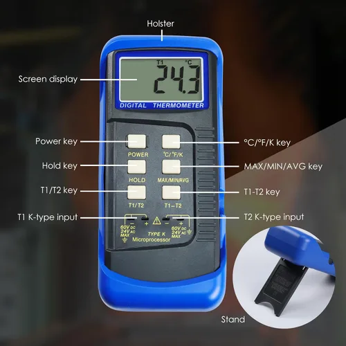 Miniatura 5 de Termómetro de termopar digital tipo K de doble canal Termómetro HVAC Medidor de temperatura con 4 termopares, medición de temperatura MAX/MIN/PROM