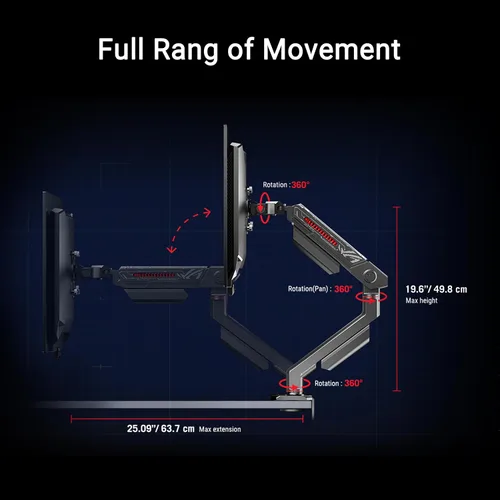 Miniatura 8 de ASUS ROG Ergo Monitor Arm (AAS01) - Montaje de monitor con gestión de cables, ergonómico, pivote, giro, altura totalmente ajustable, configuración