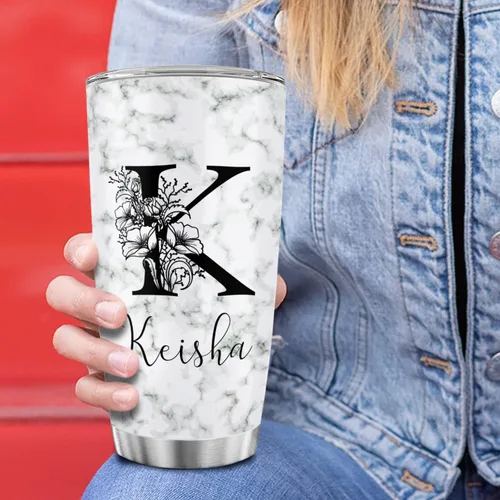 Miniatura 4 de Vaso de café de acero inoxidable personalizado con inicial y nombre, taza de café con monograma floral para niña, vaso de viaje de acero inoxidable