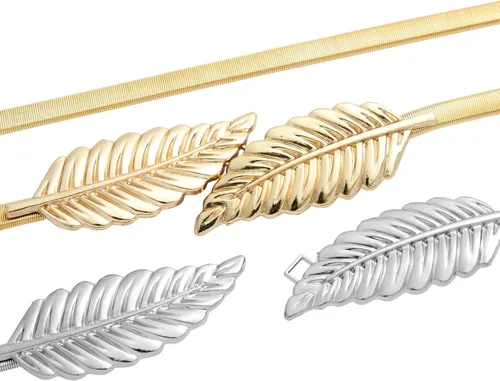 Miniatura 9 de Juvale Cinturones de cintura metálicos elásticos y ajustados, cinturones de metal dorado y plateado de dos tonos para mujer con patrón de hojas