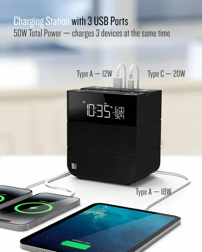 Miniatura 7 de Soundfreaq Sound Rise II, SFQ-16: Radio despertador de cabecera y bocina Bluetooth, con pantalla grande, radio FM, carga USB rápida y sonido