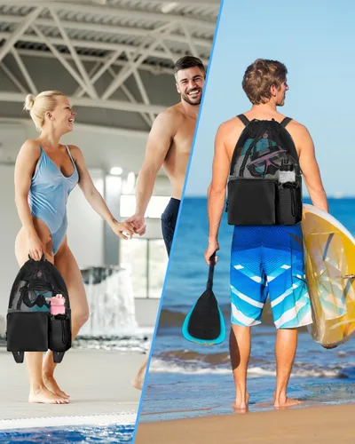 Miniatura 7 de BROTOU Mochila de playa para natación con bolsillo húmedo de malla y cordón, bolsas para nadar, gimnasio Negro