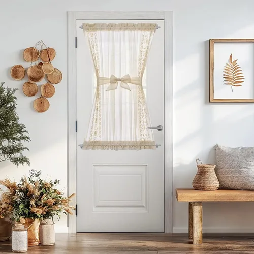 Miniatura 32 de jinchan Cortina de puerta francesa semitransparente con lazos de amarre, cortina de privacidad de gasa bordada floral para puerta de patio, armario