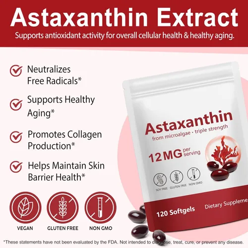 Miniatura 4 de Liefiet Astaxantina 12 mg 120 cápsulas blandas, paquete de 2 suplementos antioxidantes de astaxantina premium, apoya los ojos, la piel, la salud