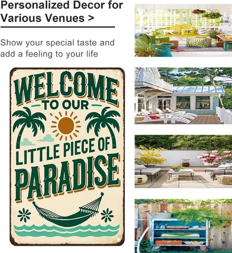 Miniatura 2 de FunnySign Letrero de hojalata vintage con texto en inglés "Welcome to Our Little Piece of Paradise" para exteriores, porche, patio, jardín, bar