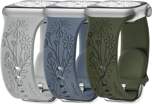 Miniatura 8 de Paquete de 3 bandas grabadas con flores silvestres compatibles con Apple Watch Band de 1.81 pulgadas, 1.57 pulgadas, 1.49 pulgadas, 1.61 pulgadas