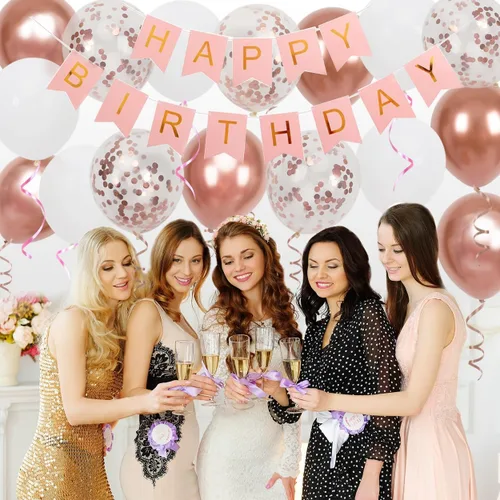 Miniatura 4 de Cartel de feliz cumpleaños, decoración de cumpleaños de oro rosa, 16 globos de 12 pulgadas con 2 cintas para decoración de fiesta de niña y mujer