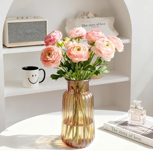 Jarrón de cristal ámbar, florero acanalado de 8.7 pulgadas de alto para ramo, centro de mesa, decoración de mesa de comedor, jarrones transparentes
