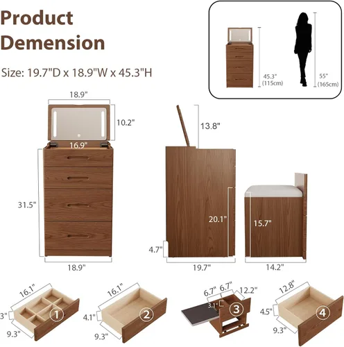 Miniatura 2 de Muwuele Escritorio de tocador 3 en 1 de madera maciza con espejo abatible, sin montaje, tocador compacto con silla oculta, pequeño juego de tocador