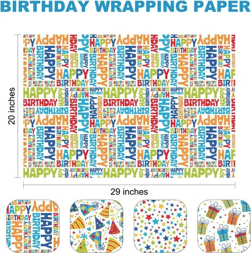 Miniatura 7 de Hojas de papel de regalo de cumpleaños, paquete de 8 envolturas de regalo para regalos de cumpleaños infantiles, 4 diseños coloridos con feliz